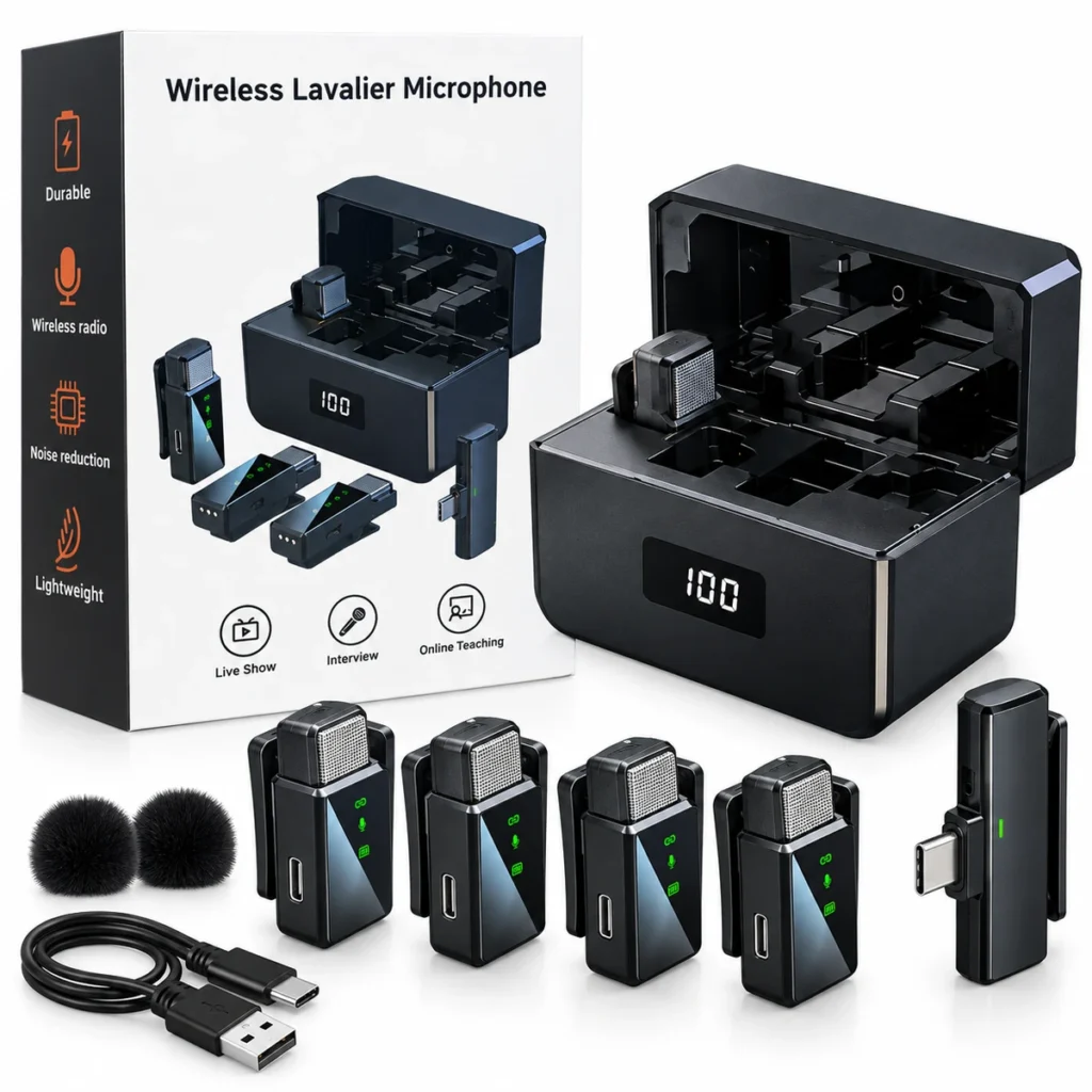 1-to-4 Type-C wireless lavalier microphone with four transmitters and charging case