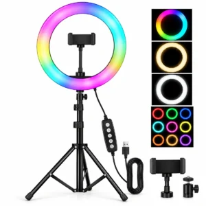 10-inch RGB ring light with 2.2m tripod stand, phone holder and adjustable colour lighting
