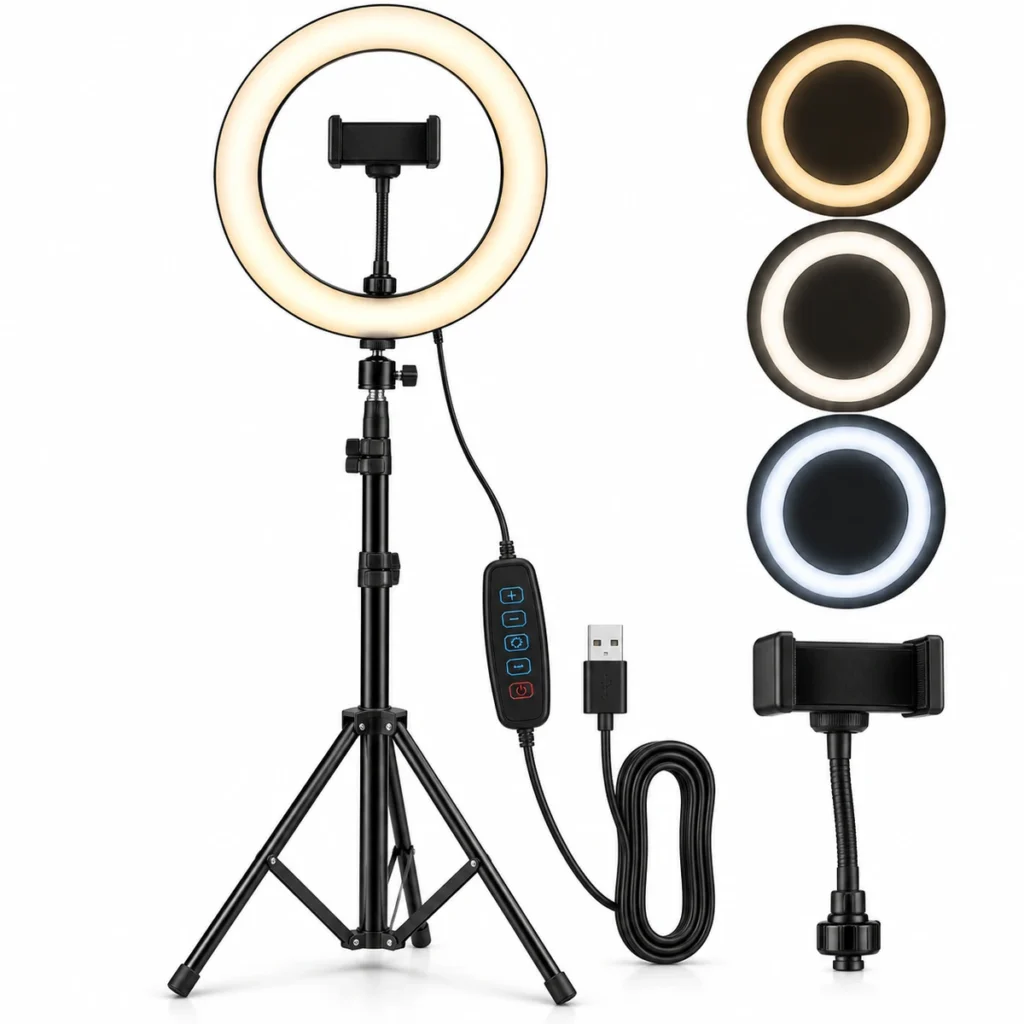10-inch ring light with 2.1m tripod stand, phone holder and USB controller