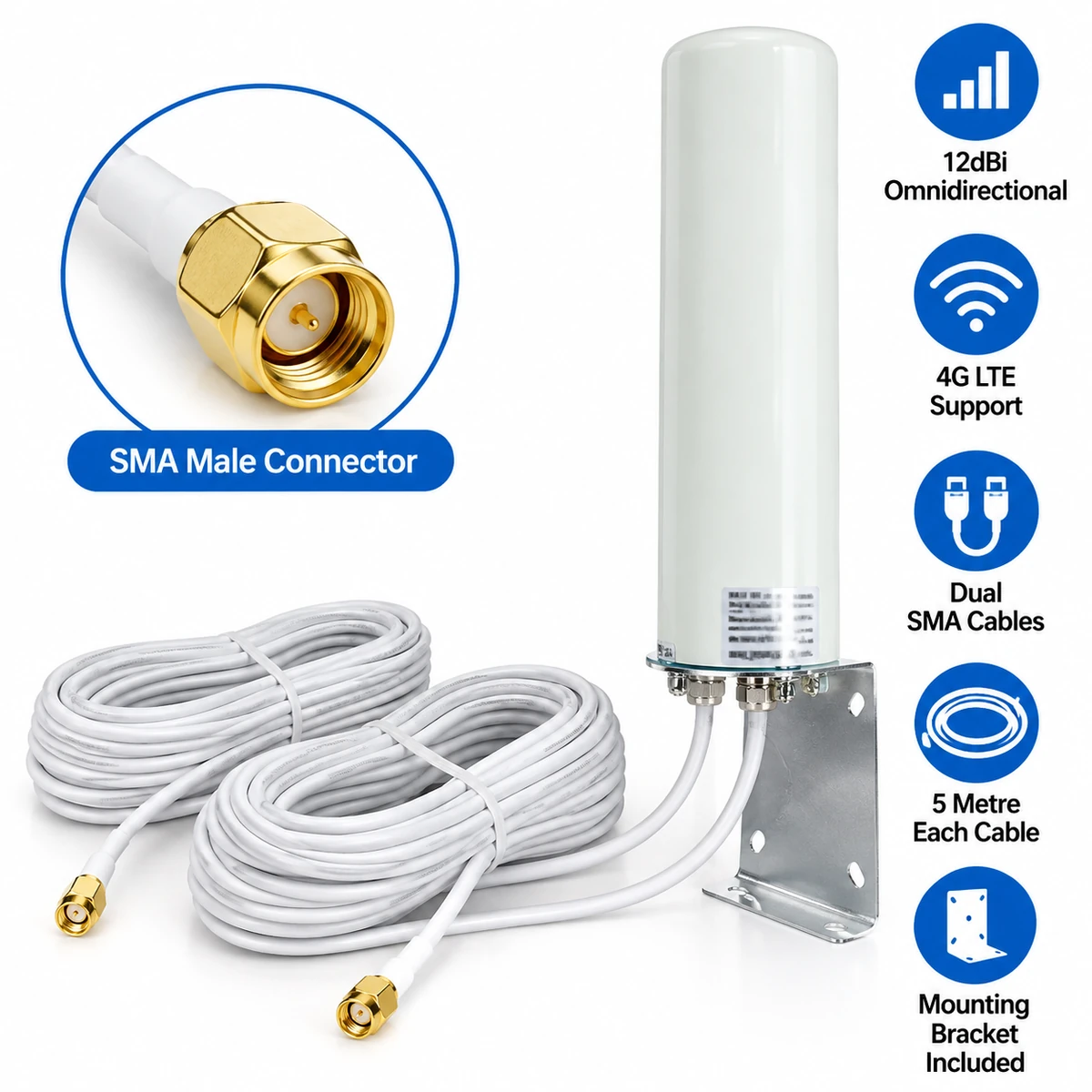 12dBi 4G LTE omnidirectional antenna with dual 5m SMA male cables and mounting bracket