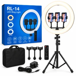 14-inch RL-14 ring light with 2.2m tripod, three phone holders, remote, carry bag and AC adapter