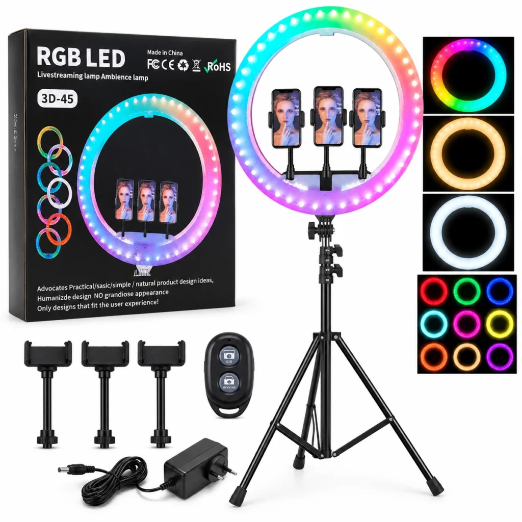 18-inch RGB ring light with 2.1m tripod, three phone holders, remote and 12V power adapter