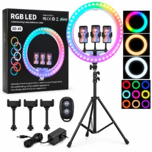 18-inch RGB ring light with 2.1m tripod, three phone holders, remote and 12V power adapter