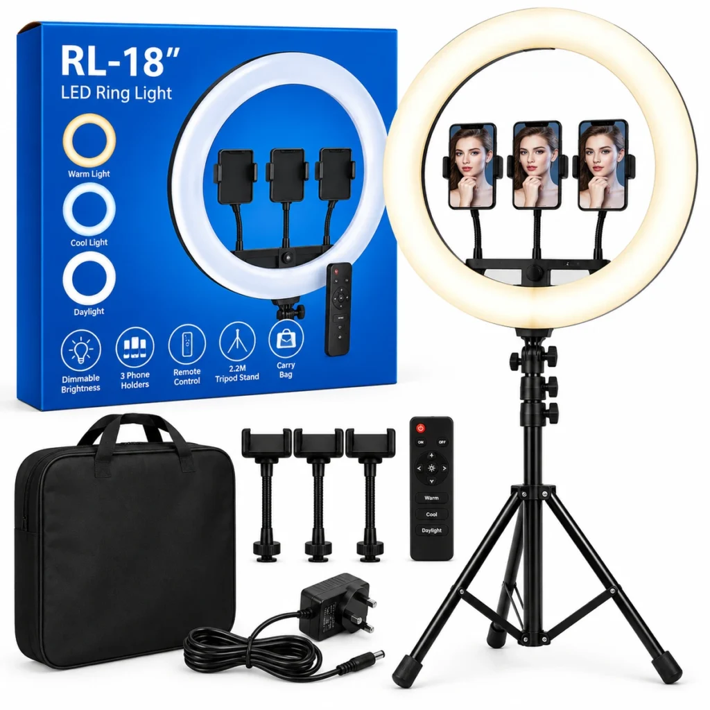 18-inch RL-18 ring light with 2.2m tripod, three phone holders, remote, carry bag and power adapter