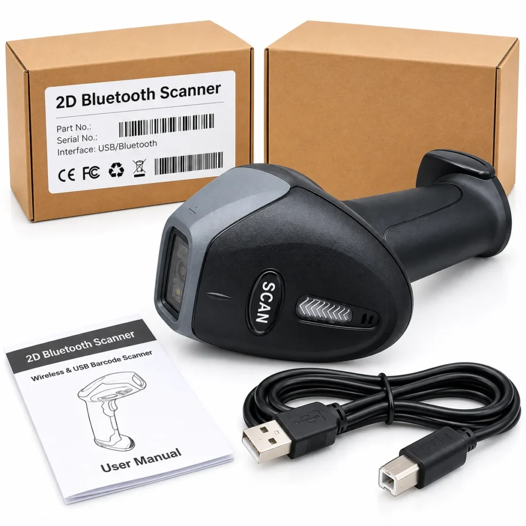 Rechargeable 2D Bluetooth barcode scanner for 1D QR and USB scanning