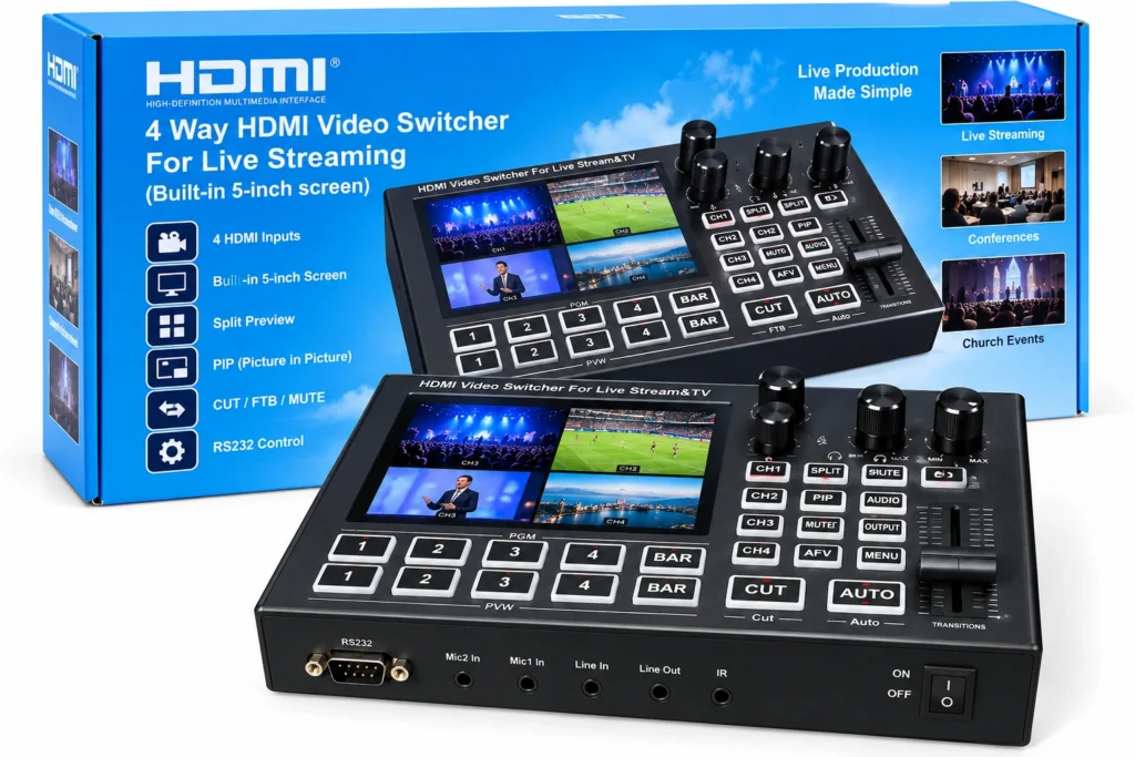 4 way HDMI video switcher with built-in 5 inch screen for live streaming