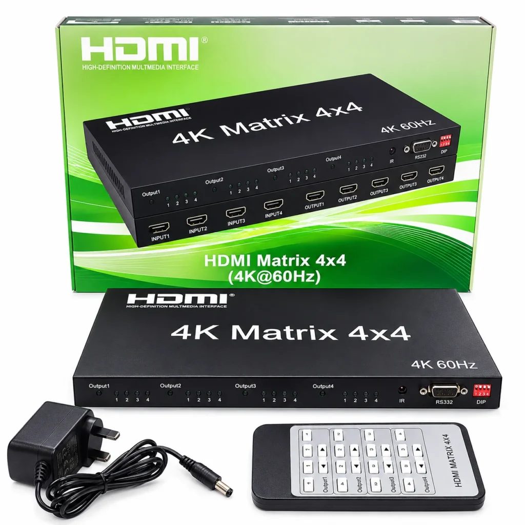 4K HDMI Matrix 4x4 with remote control and power adapter