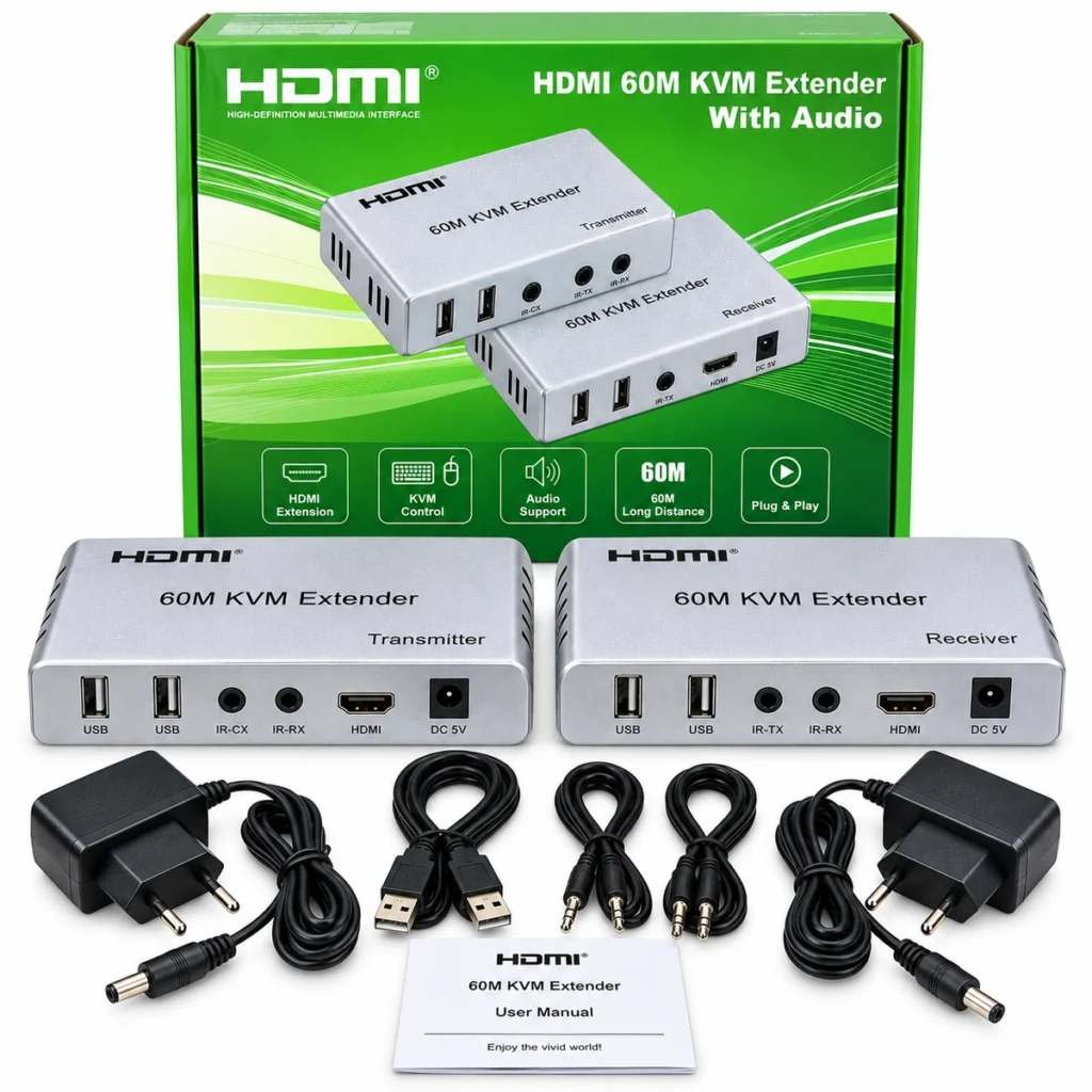 60M powered KVM HDMI extender over CAT6 with audio and USB