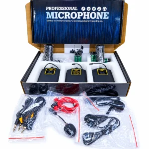Dual channel UHF wireless lavalier microphone system with 2 transmitters, lapel and boom microphones