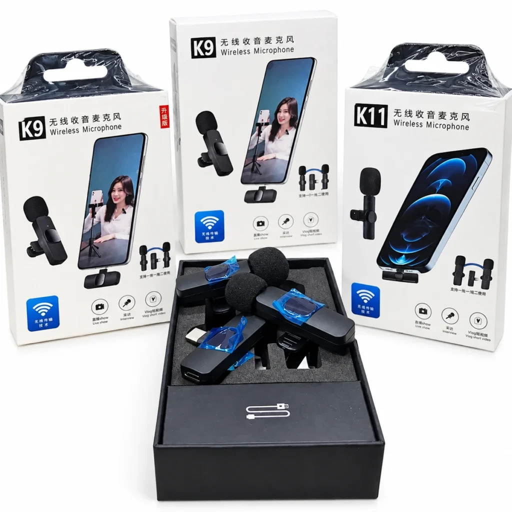 K11 wireless lavalier microphone for iPhone and USB-C with single and dual microphone options