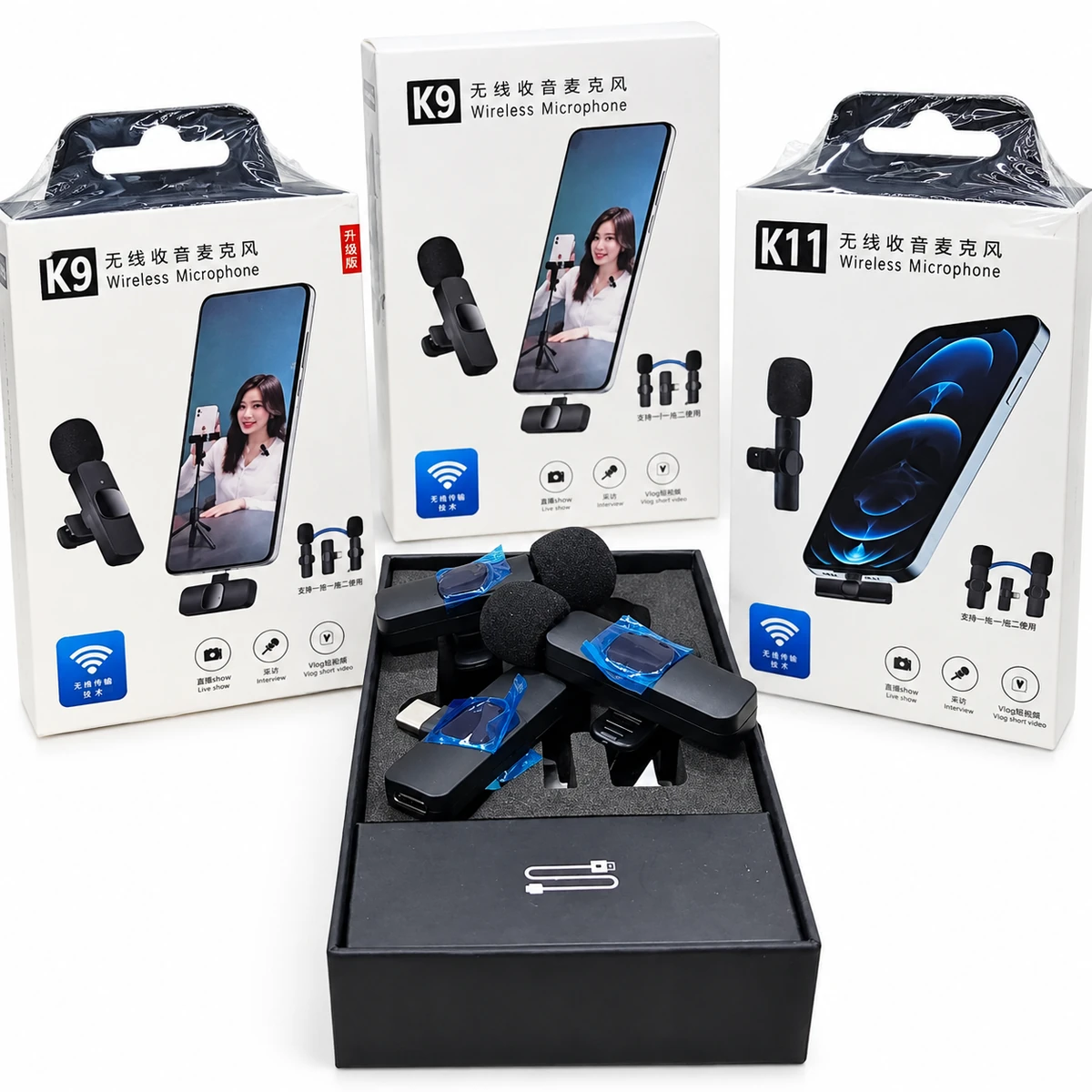 K11 wireless lavalier microphone for iPhone and USB-C with single and dual microphone options