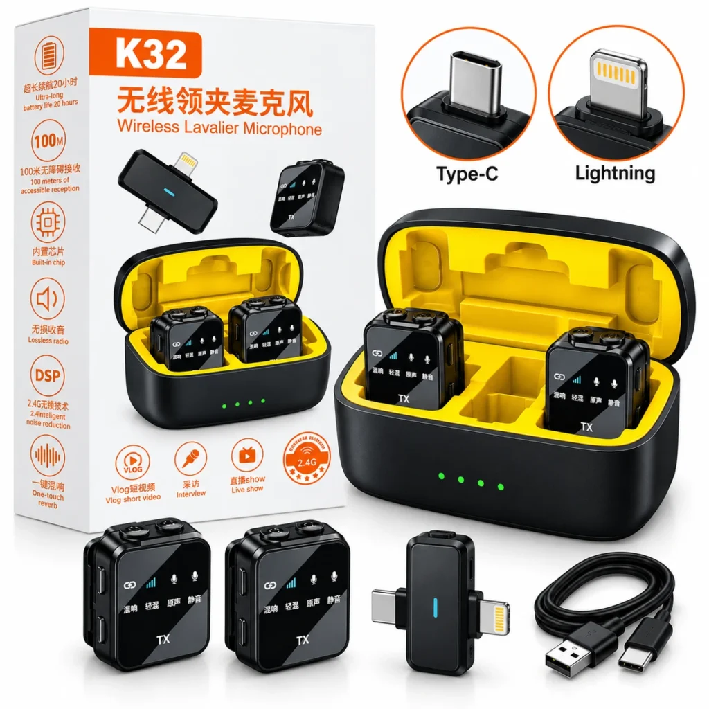 K32 dual wireless lavalier microphone with magnetic clips, charging case, Type-C and Lightning receiver