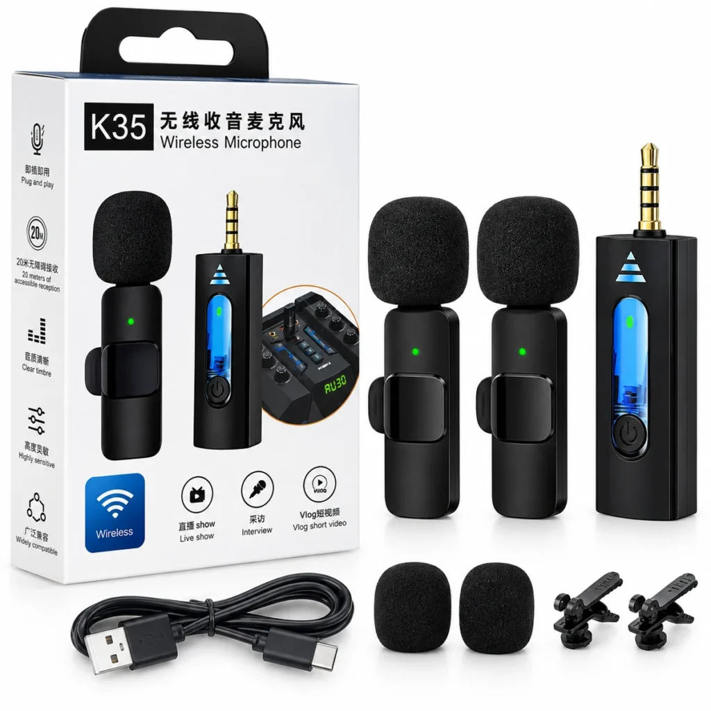 K35 3.5mm AUX wireless lavalier microphone with dual clip-on microphones and receiver