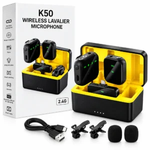 K50 dual wireless lavalier microphone with charging case for mobile and camera recording