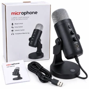 Large diaphragm USB condenser microphone with echo, mute, volume controls and desktop stand