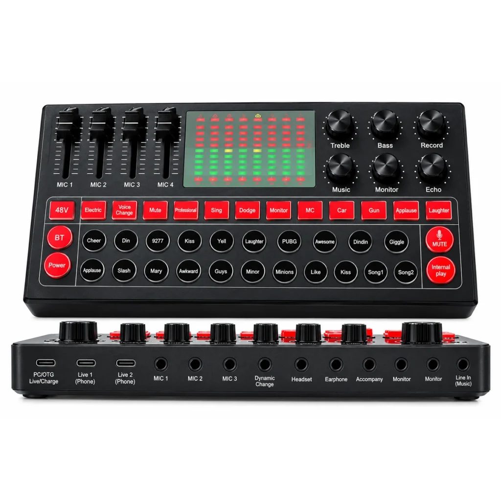 M9 podcast recording sound card with three microphone ports, Bluetooth and USB PC recording