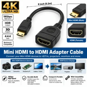 Mini HDMI male to HDMI female adapter cable 20cm 4K