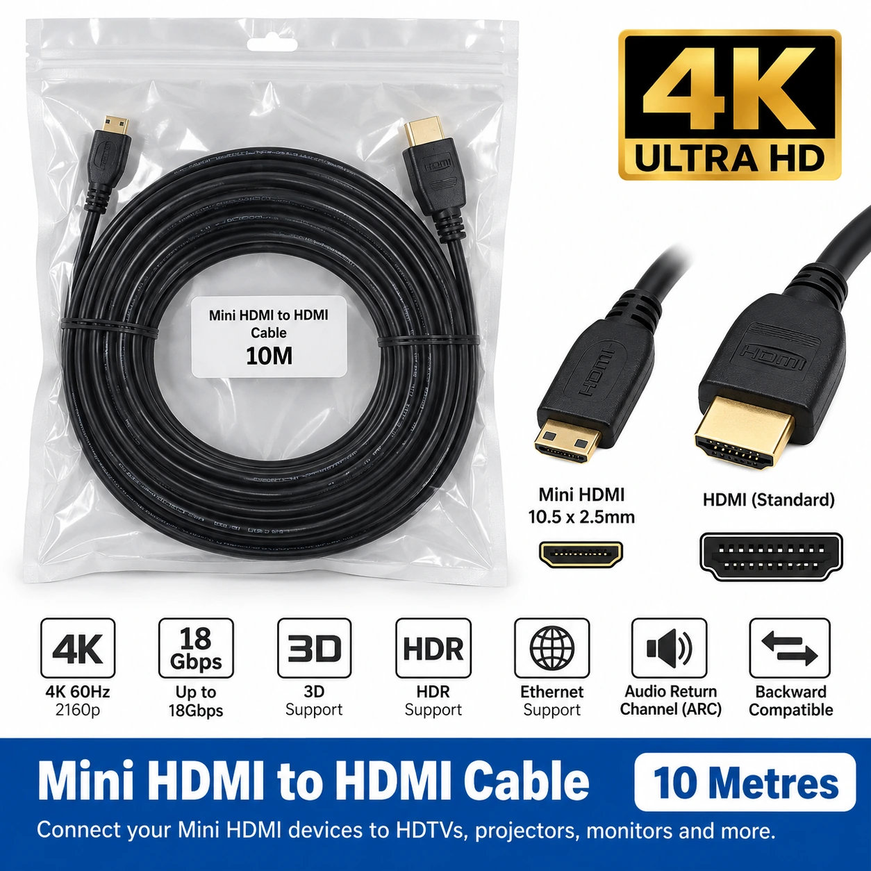 Mini HDMI to HDMI Cable 10M 4K 60Hz