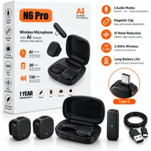 N6 Pro AI wireless lavalier microphone with magnetic clips, charging case and USB-C receiver
