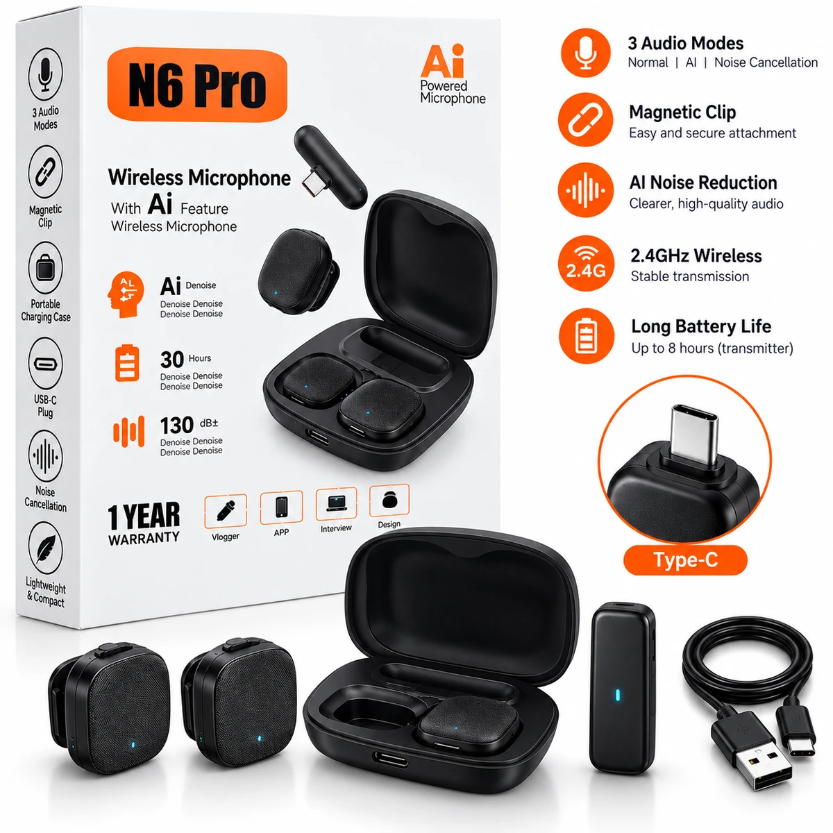 N6 Pro AI wireless lavalier microphone with magnetic clips, charging case and USB-C receiver