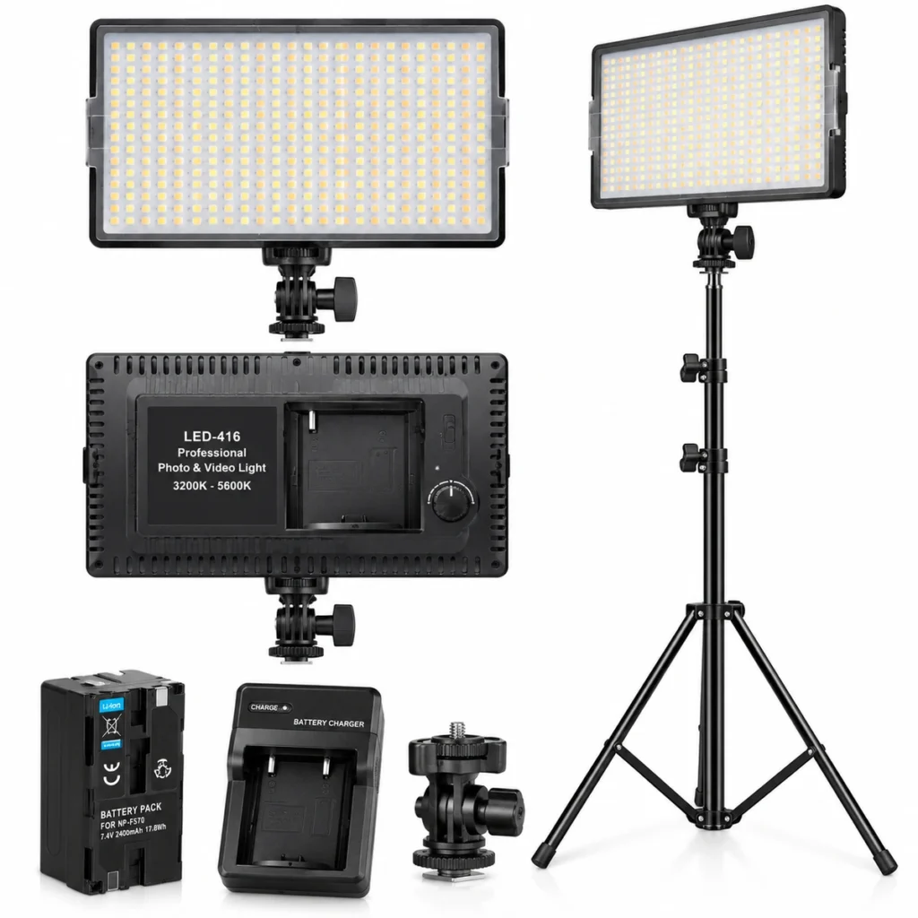 Buy Pro LED-416 video light in Kenya with rechargeable battery, charger and 2.2m adjustable stand. 3200K–5600K lighting for photography and video.