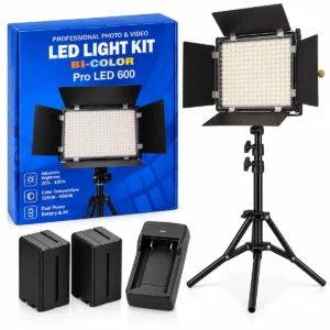 Pro LED 600 video light kit with stand, two rechargeable batteries and single battery charger