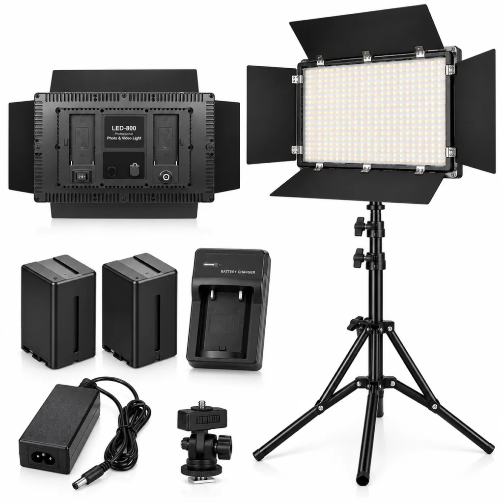 Pro LED 800 video light kit with stand, two rechargeable batteries and charger