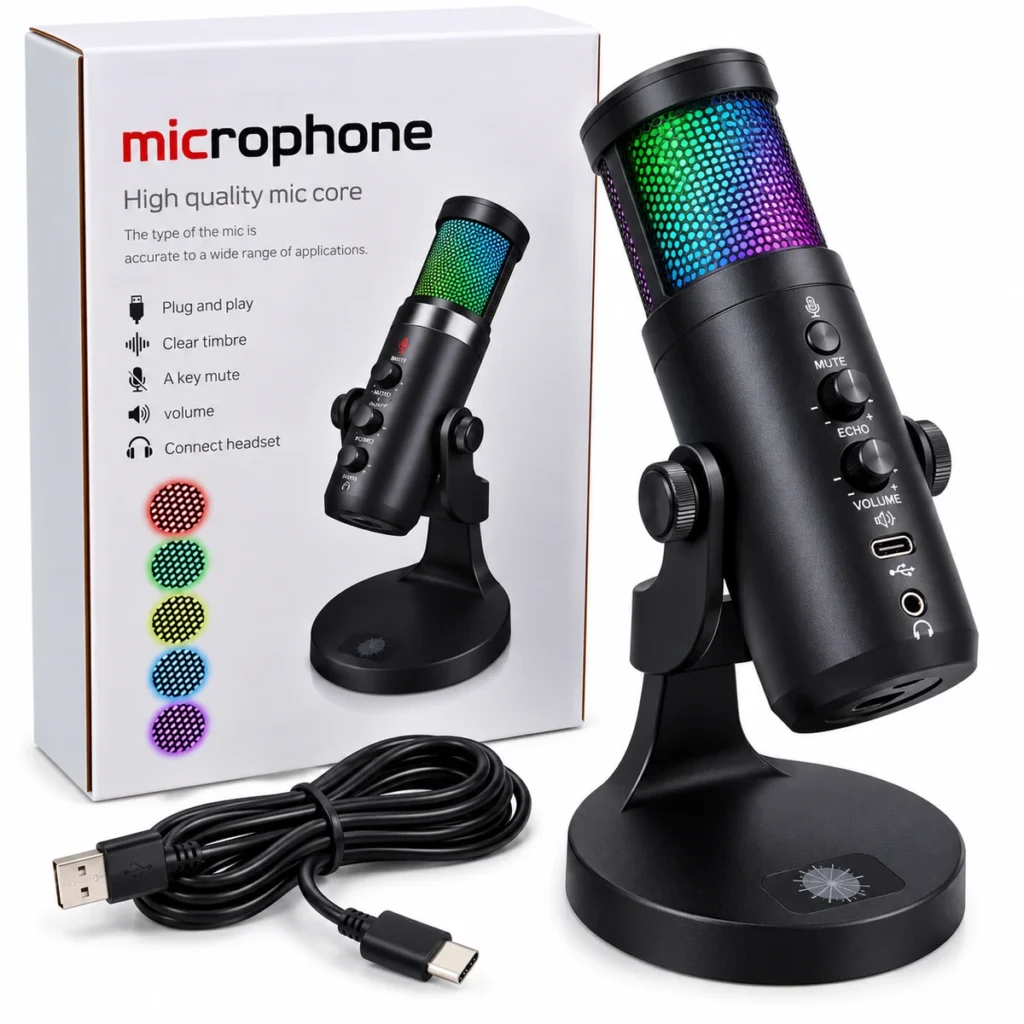 RGB large diaphragm USB condenser microphone with echo, mute, volume controls and desktop stand