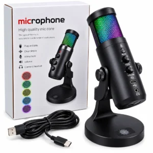 RGB large diaphragm USB condenser microphone with echo, mute, volume controls and desktop stand