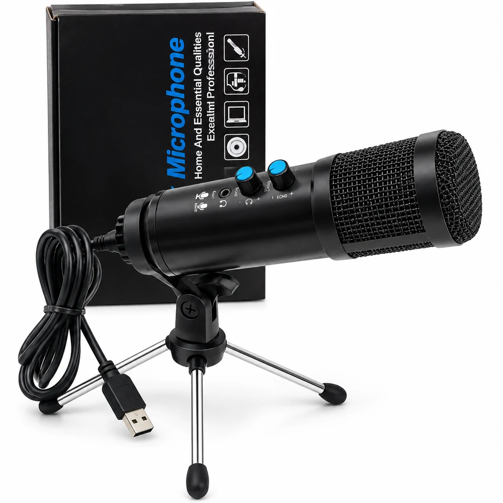USB computer condenser microphone with echo and mute controls, headphone monitoring and desktop tripod stand