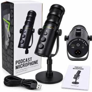 USB & XLR condenser podcast microphone with mute, echo and volume controls, headphone monitoring and adjustable desktop stand for recording and livestreaming.