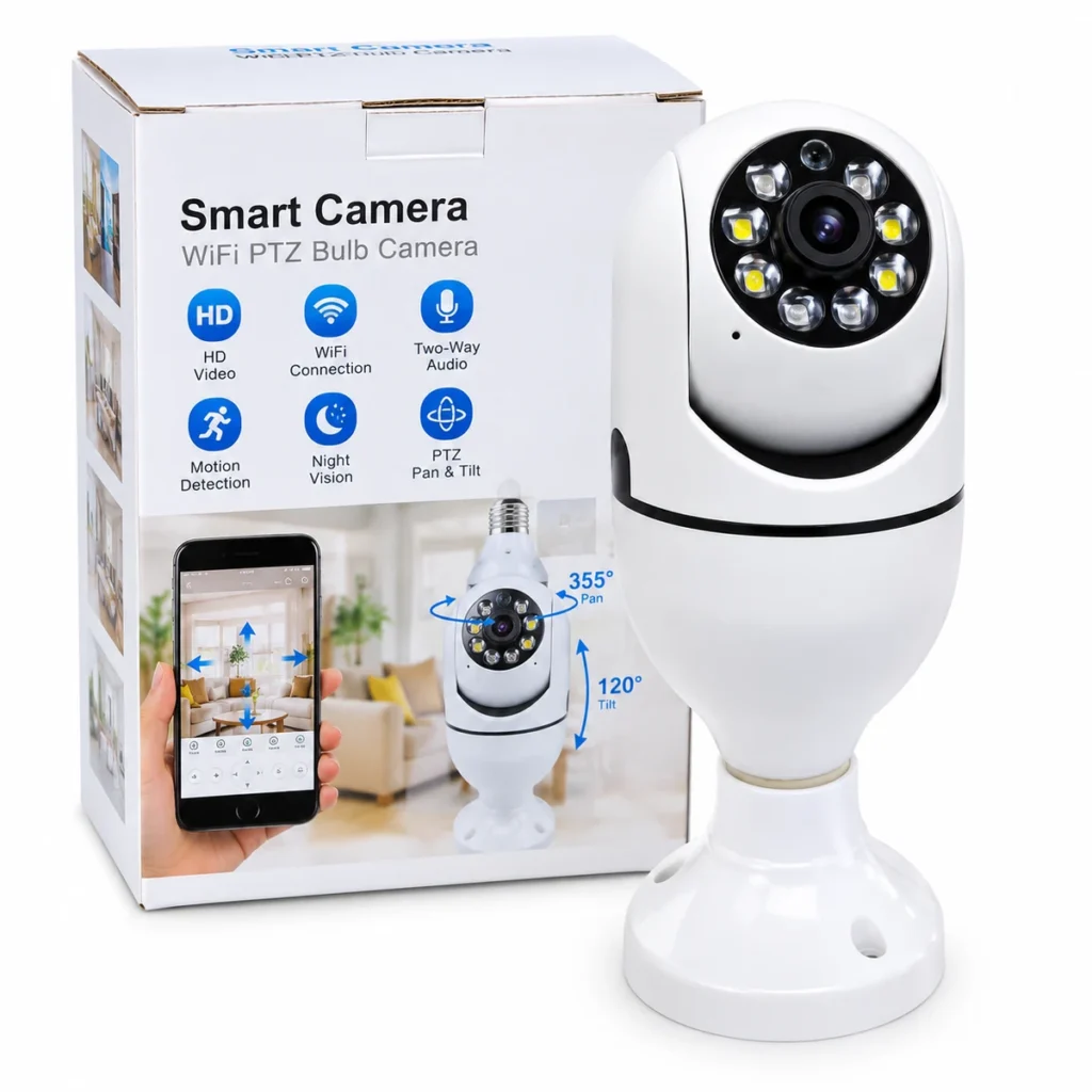 V380 Pro PTZ bulb WiFi security camera with two-way audio