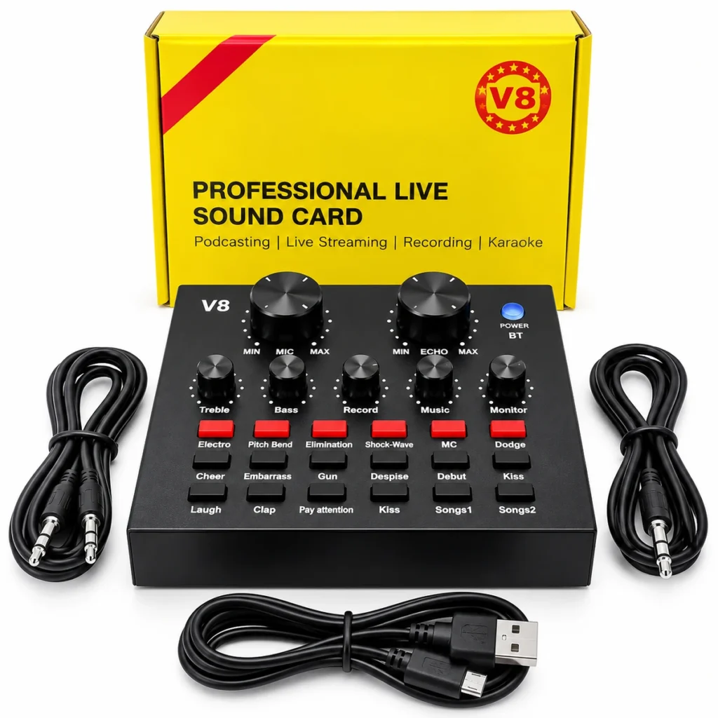 V8 live podcast recording sound card with Bluetooth, audio controls and connection cables