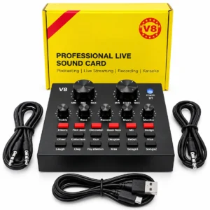 V8 live podcast recording sound card with Bluetooth, audio controls and connection cables