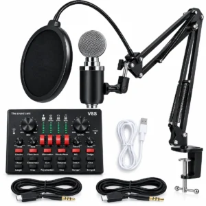 V8S podcast microphone kit with condenser microphone, sound card, arm stand, pop filter and cables