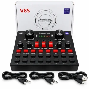 V8S podcast recording sound card with Bluetooth, dual microphone inputs and connection cables