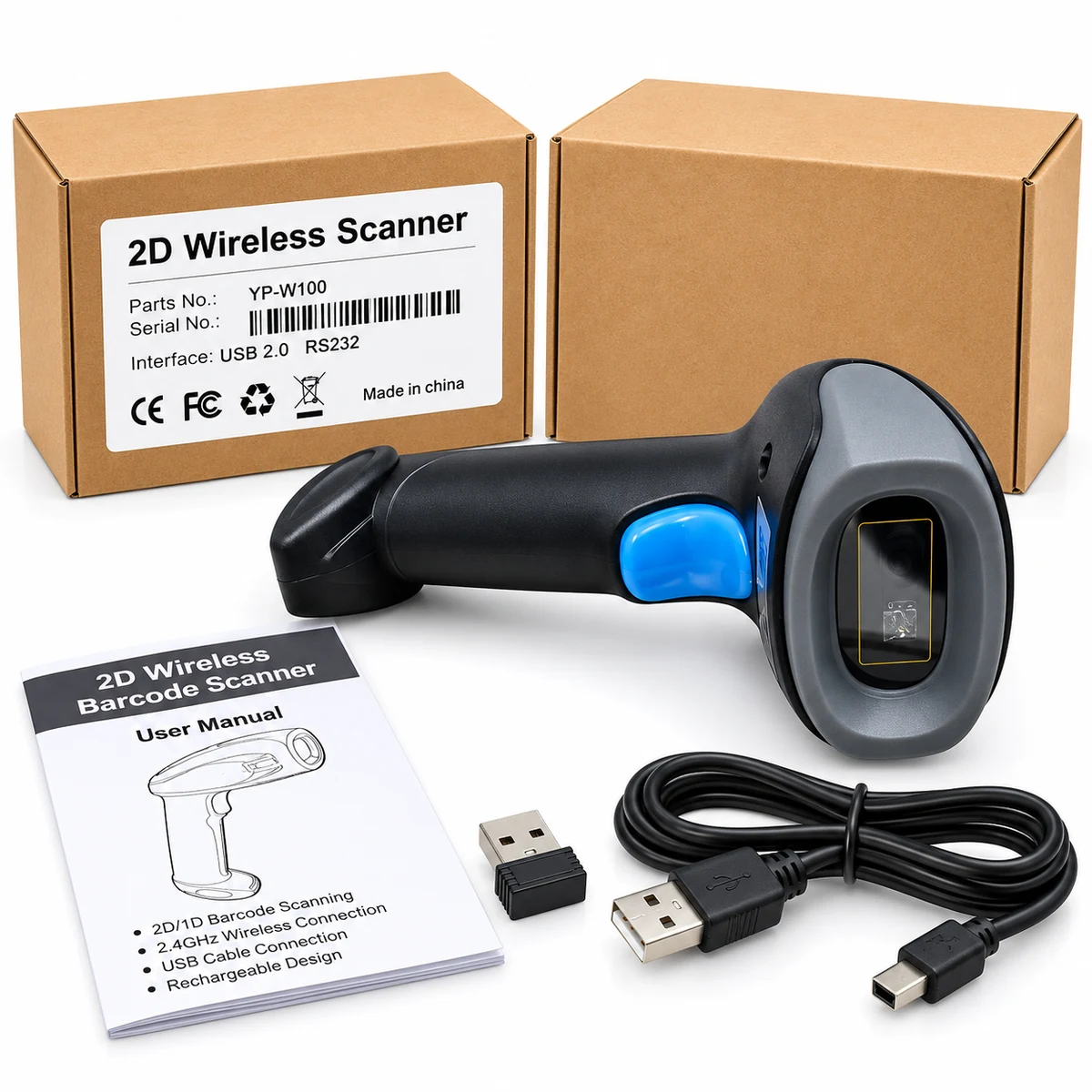 YP-W100 2D wireless barcode scanner for 1D QR and USB scanning