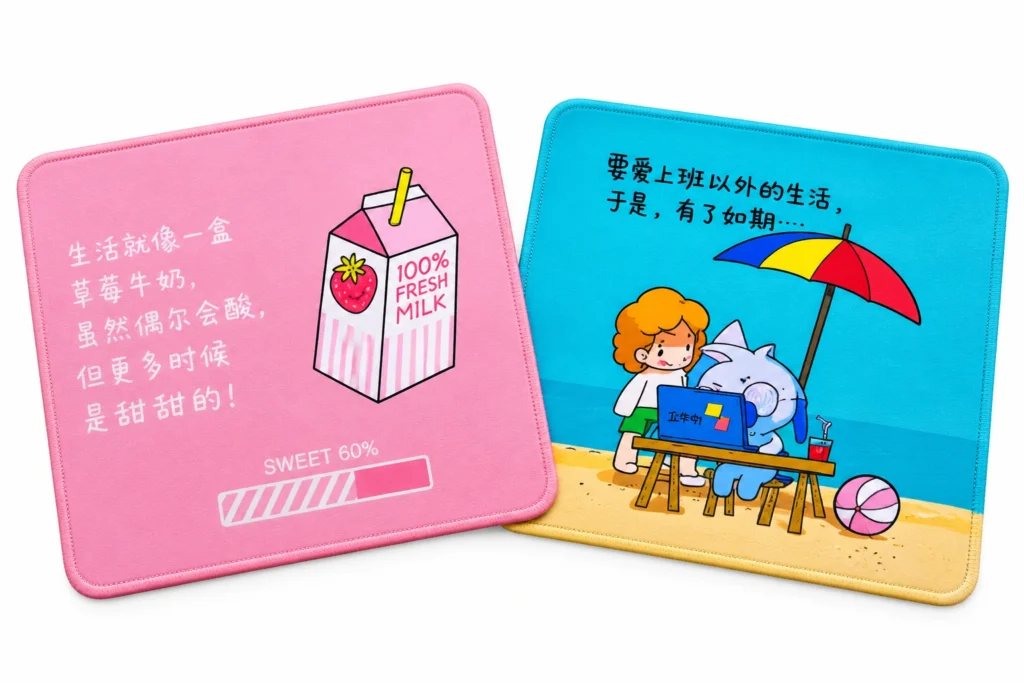 Colourful themed 250x200mm stitched mouse pads in assorted designs